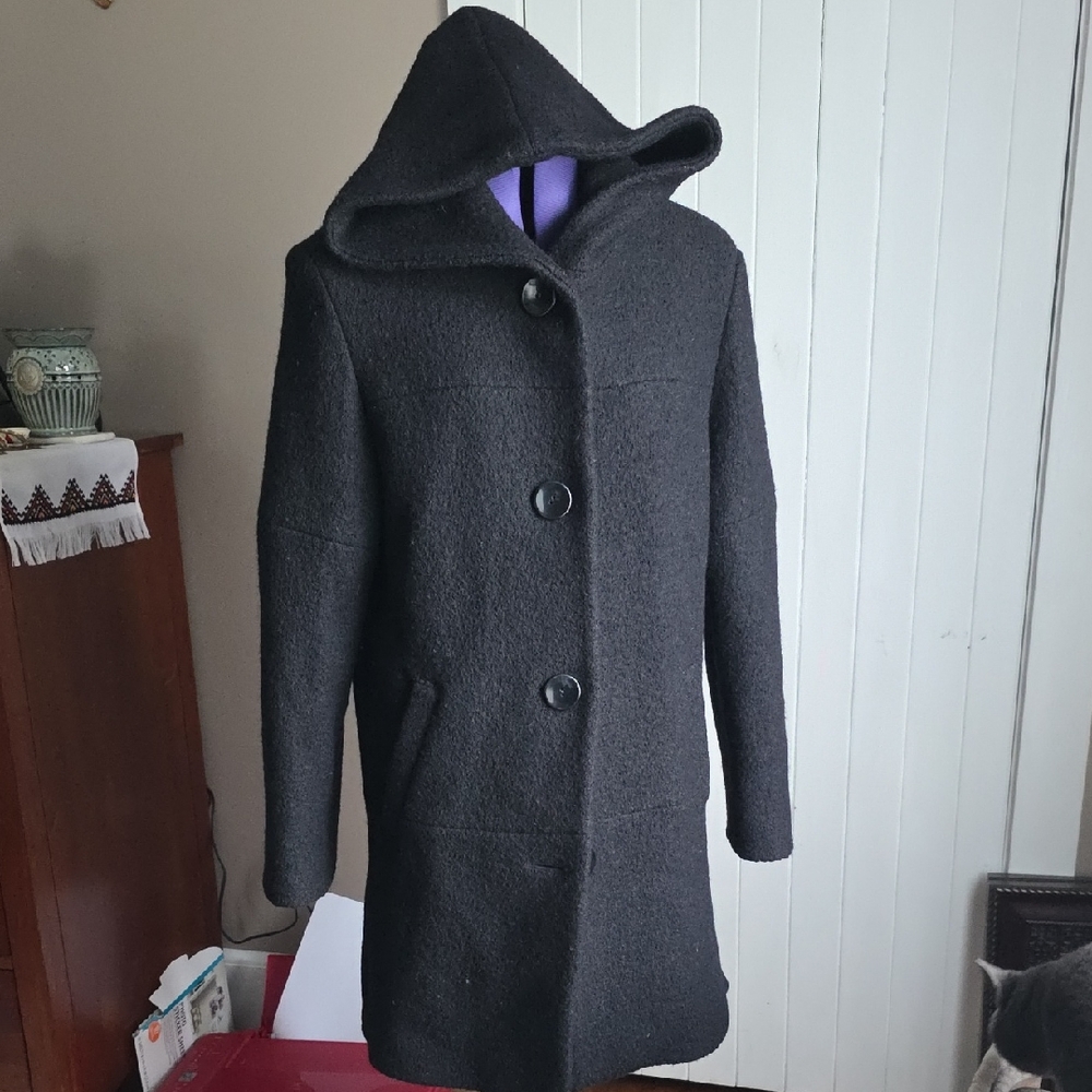 100% Wool .Liz Claiborne Dark Gray Hooded Coat